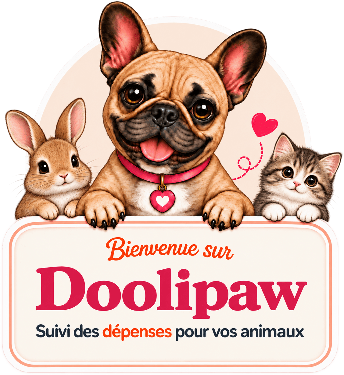 Simone, la mascotte de Doolipaw, te souhaite la bienvenue aux côtés d'un lapin et d'un chat